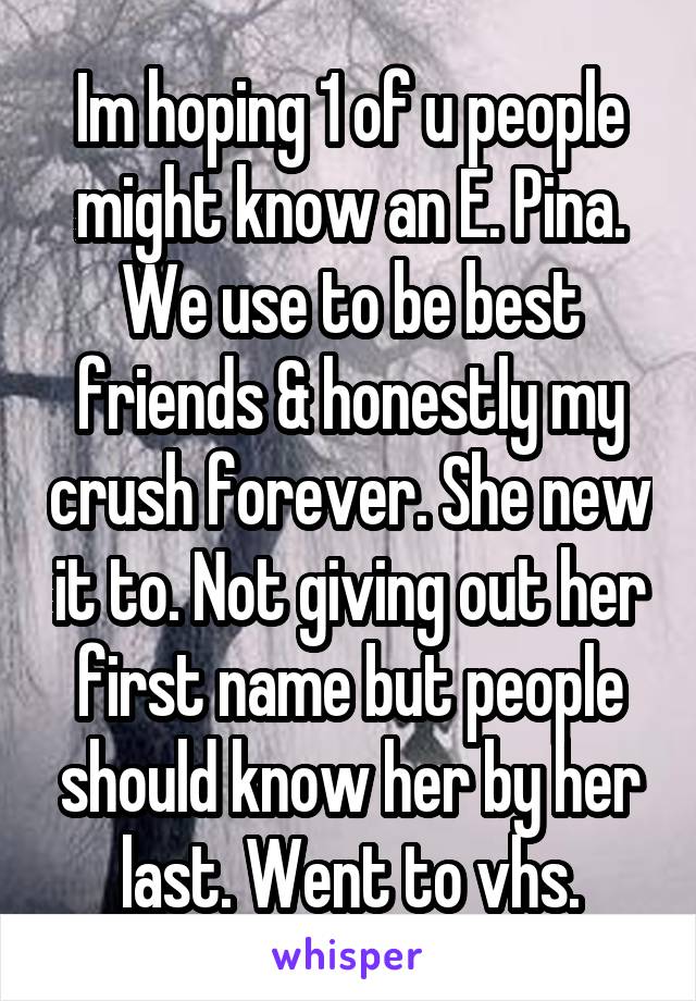 Im hoping 1 of u people might know an E. Pina. We use to be best friends & honestly my crush forever. She new it to. Not giving out her first name but people should know her by her last. Went to vhs.