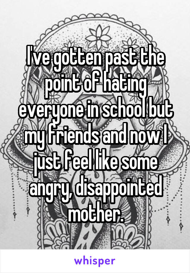 I've gotten past the point of hating everyone in school but my friends and now I just feel like some angry, disappointed mother.