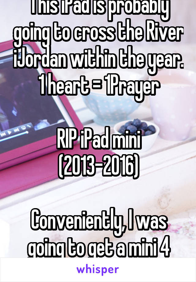 This iPad is probably going to cross the River iJordan within the year. 1 heart = 1Prayer

RIP iPad mini (2013-2016)

Conveniently, I was going to get a mini 4 anyway.