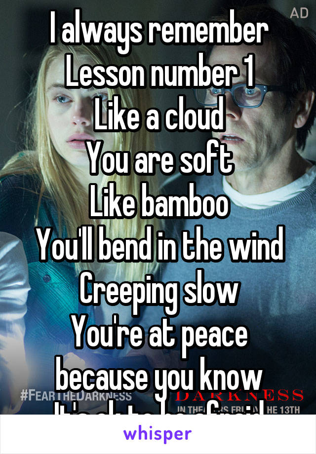 I always remember Lesson number 1
Like a cloud
You are soft
Like bamboo
You'll bend in the wind
Creeping slow
You're at peace because you know
It's ok to be afraid