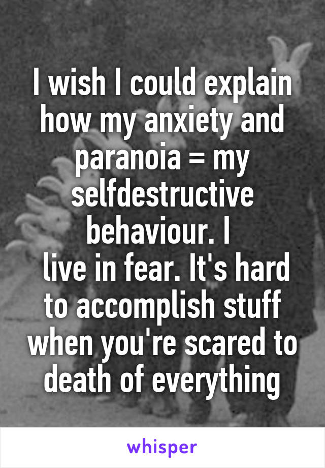 I wish I could explain how my anxiety and paranoia = my selfdestructive behaviour. I 
 live in fear. It's hard to accomplish stuff when you're scared to death of everything