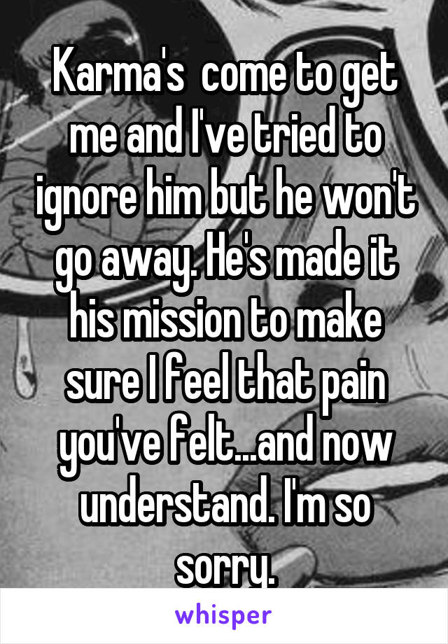 Karma's  come to get me and I've tried to ignore him but he won't go away. He's made it his mission to make sure I feel that pain you've felt...and now understand. I'm so sorry.