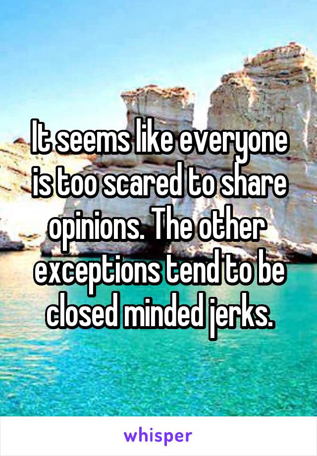 It seems like everyone is too scared to share opinions. The other  exceptions tend to be closed minded jerks.