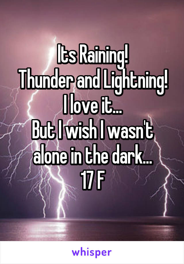 Its Raining!
Thunder and Lightning!
I love it...
But I wish I wasn't alone in the dark...
17 F
