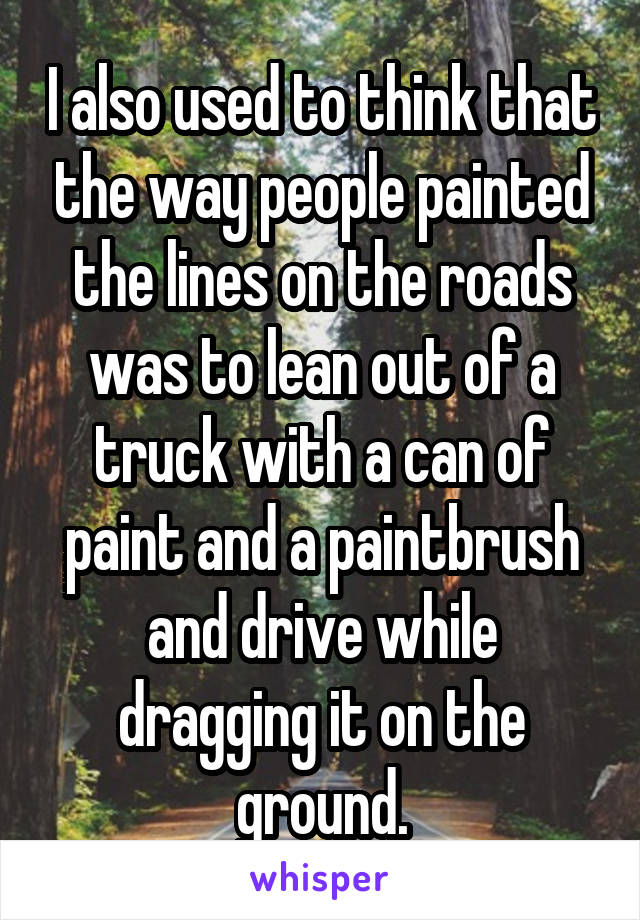 I also used to think that the way people painted the lines on the roads was to lean out of a truck with a can of paint and a paintbrush and drive while dragging it on the ground.