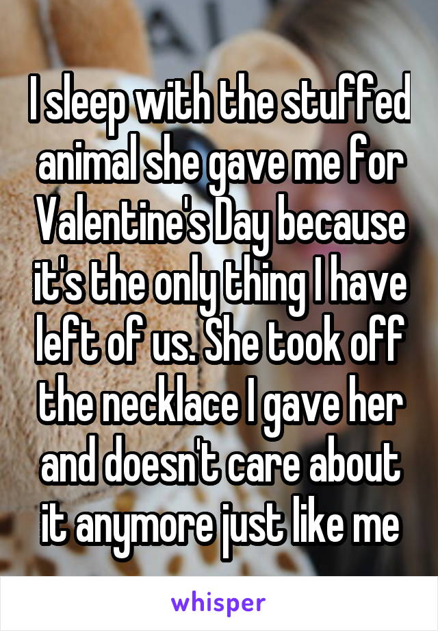 I sleep with the stuffed animal she gave me for Valentine's Day because it's the only thing I have left of us. She took off the necklace I gave her and doesn't care about it anymore just like me