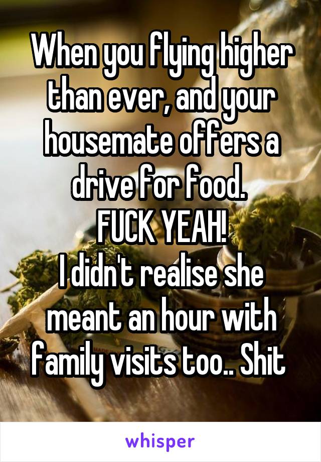 When you flying higher than ever, and your housemate offers a drive for food. 
FUCK YEAH!
I didn't realise she meant an hour with family visits too.. Shit 
