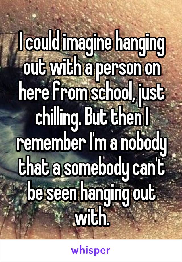 I could imagine hanging out with a person on here from school, just chilling. But then I remember I'm a nobody that a somebody can't be seen hanging out with.