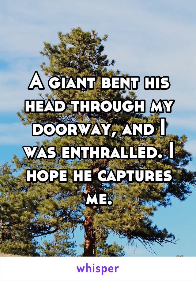 A giant bent his head through my doorway, and I was enthralled. I hope he captures me.