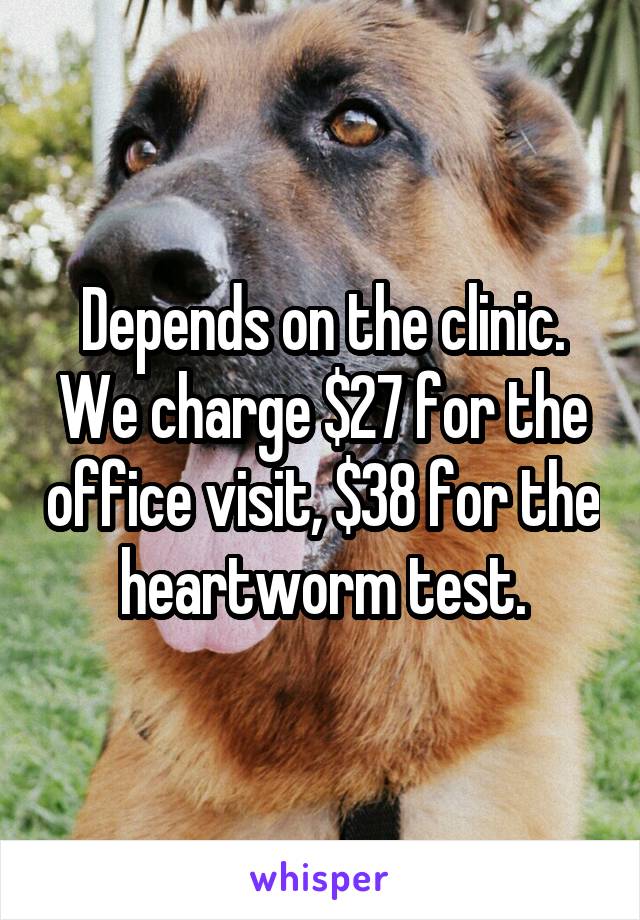 Depends on the clinic. We charge $27 for the office visit, $38 for the heartworm test.