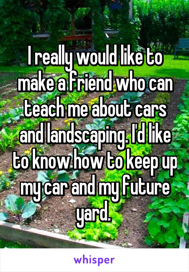 I really would like to make a friend who can teach me about cars and landscaping. I'd like to know how to keep up my car and my future yard. 