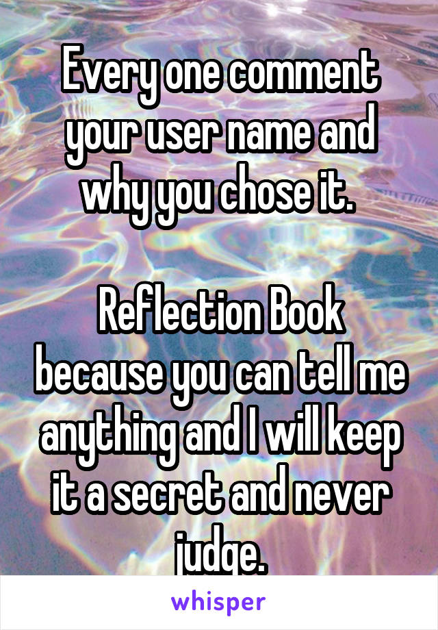 Every one comment your user name and why you chose it. 

Reflection Book because you can tell me anything and I will keep it a secret and never judge.