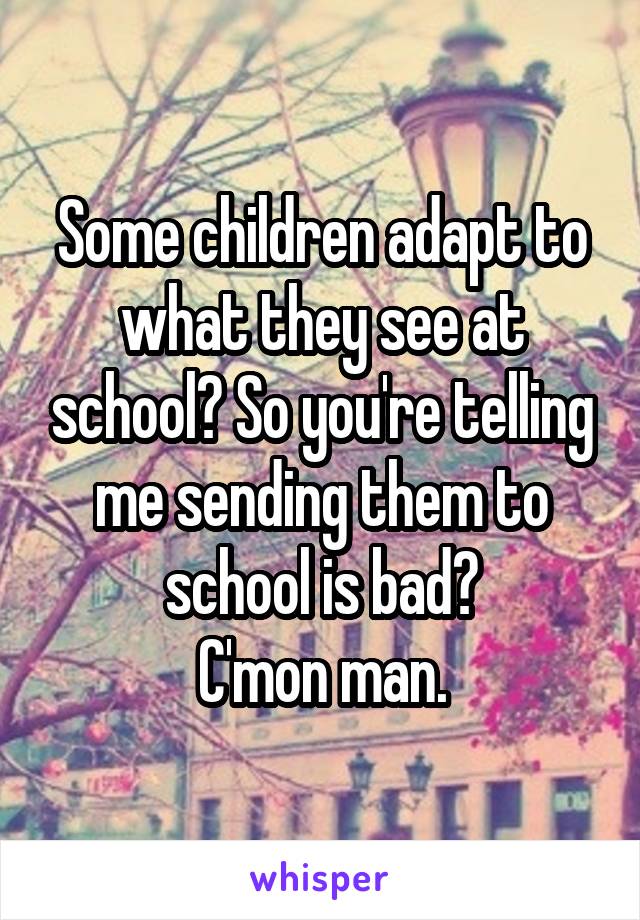 Some children adapt to what they see at school? So you're telling me sending them to school is bad?
C'mon man.