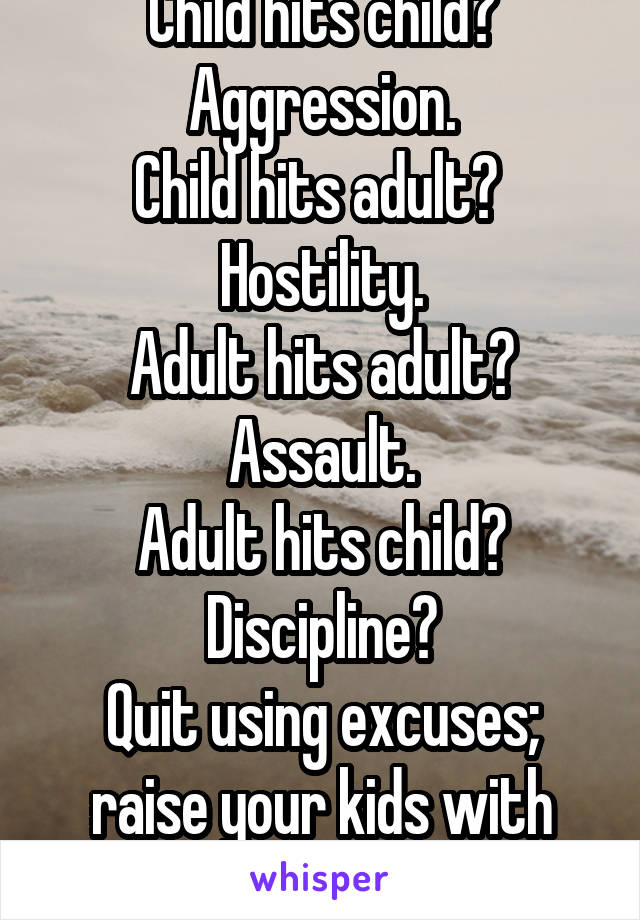 Child hits child? Aggression.
Child hits adult? 
Hostility.
Adult hits adult?
Assault.
Adult hits child?
Discipline?
Quit using excuses; raise your kids with words.