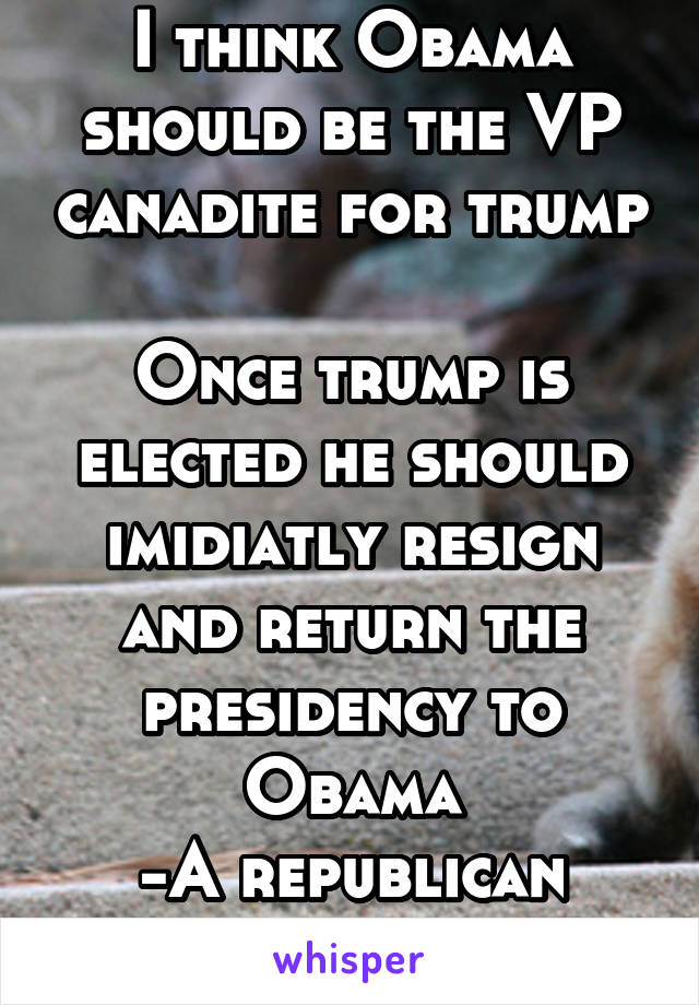 I think Obama should be the VP canadite for trump 
Once trump is elected he should imidiatly resign and return the presidency to Obama
-A republican Voter 