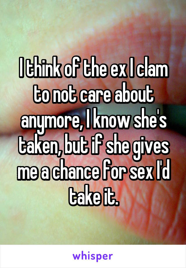 I think of the ex I clam to not care about anymore, I know she's taken, but if she gives me a chance for sex I'd take it.