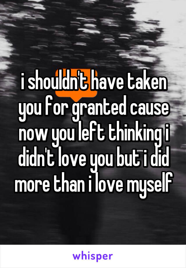 i shouldn't have taken you for granted cause now you left thinking i didn't love you but i did more than i love myself