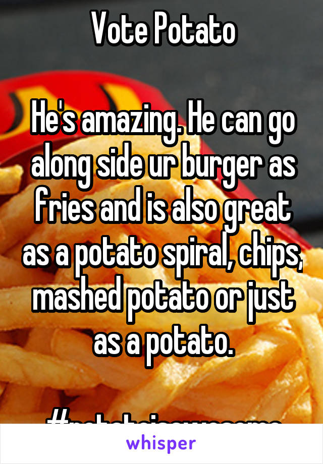 Vote Potato

He's amazing. He can go along side ur burger as fries and is also great as a potato spiral, chips, mashed potato or just as a potato.

#potatoisawesome