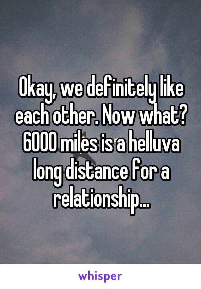 Okay, we definitely like each other. Now what? 6000 miles is a helluva long distance for a relationship...