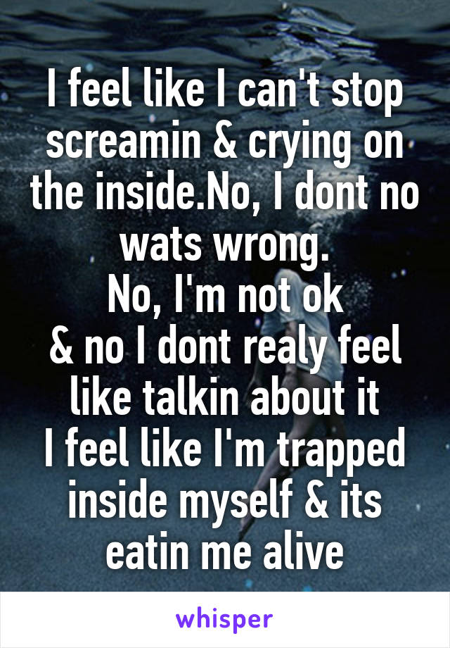 I feel like I can't stop screamin & crying on the inside.No, I dont no wats wrong.
No, I'm not ok
& no I dont realy feel like talkin about it
I feel like I'm trapped inside myself & its eatin me alive