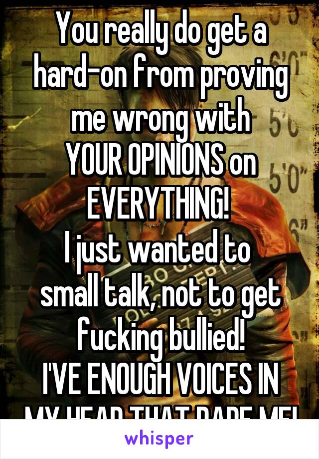 You really do get a hard-on from proving me wrong with
YOUR OPINIONS on EVERYTHING! 
I just wanted to 
small talk, not to get fucking bullied!
I'VE ENOUGH VOICES IN MY HEAD THAT RAPE ME!