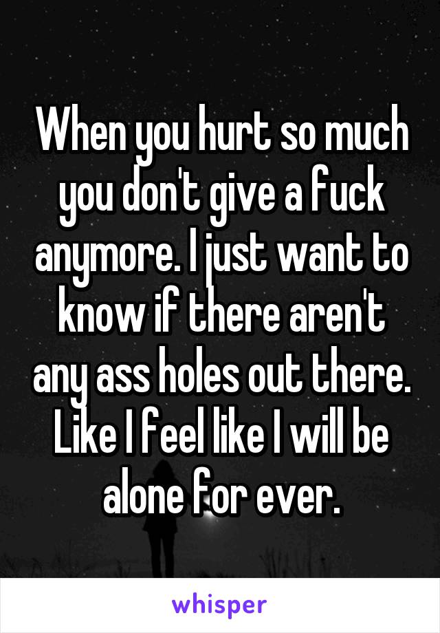 When you hurt so much you don't give a fuck anymore. I just want to know if there aren't any ass holes out there. Like I feel like I will be alone for ever.