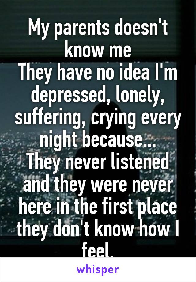 My parents doesn't know me
They have no idea I'm depressed, lonely, suffering, crying every night because...
They never listened and they were never here in the first place they don't know how I feel.