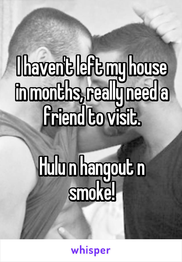 I haven't left my house in months, really need a friend to visit.

Hulu n hangout n smoke!