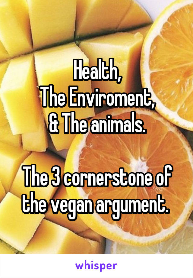 Health,
The Enviroment,
& The animals.

The 3 cornerstone of the vegan argument. 