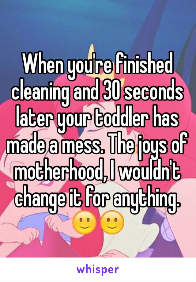 When you're finished cleaning and 30 seconds later your toddler has made a mess. The joys of motherhood, I wouldn't change it for anything. 🙂🙂