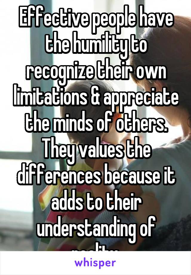 Effective people have the humility to recognize their own limitations & appreciate the minds of others. They values the differences because it adds to their understanding of reality.