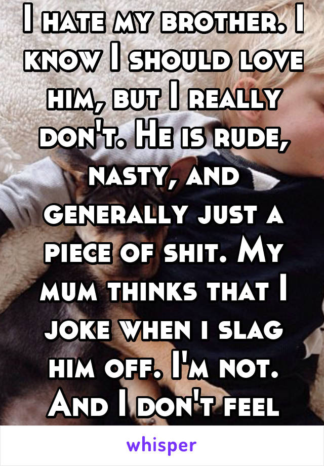 I hate my brother. I know I should love him, but I really don't. He is rude, nasty, and generally just a piece of shit. My mum thinks that I joke when i slag him off. I'm not. And I don't feel guilty