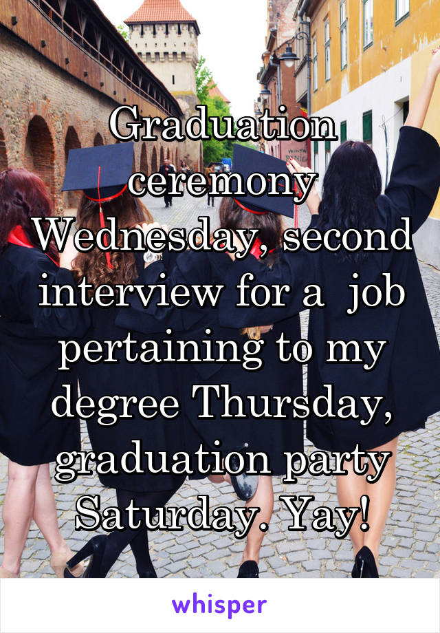 Graduation ceremony Wednesday, second interview for a  job pertaining to my degree Thursday, graduation party Saturday. Yay!