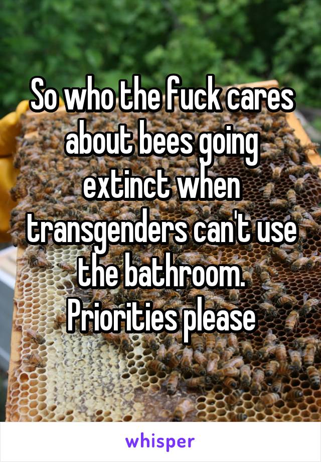 So who the fuck cares about bees going extinct when transgenders can't use the bathroom. Priorities please
