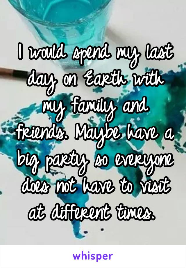 I would spend my last day on Earth with my family and friends. Maybe have a big party so everyone does not have to visit at different times. 