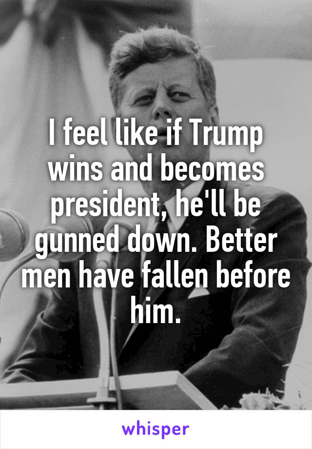 I feel like if Trump wins and becomes president, he'll be gunned down. Better men have fallen before him.