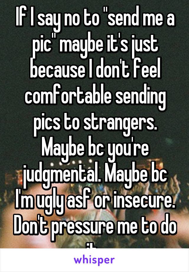 If I say no to "send me a pic" maybe it's just because I don't feel comfortable sending pics to strangers. Maybe bc you're judgmental. Maybe bc I'm ugly asf or insecure. Don't pressure me to do it. 