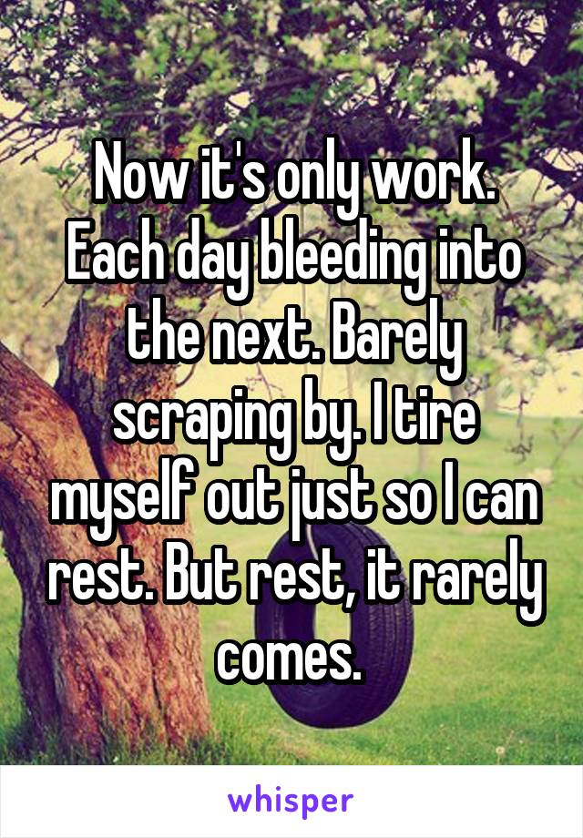 Now it's only work. Each day bleeding into the next. Barely scraping by. I tire myself out just so I can rest. But rest, it rarely comes. 