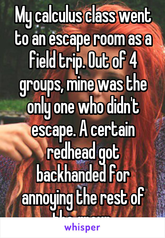 My calculus class went to an escape room as a field trip. Out of 4 groups, mine was the only one who didn't escape. A certain redhead got backhanded for annoying the rest of the group.