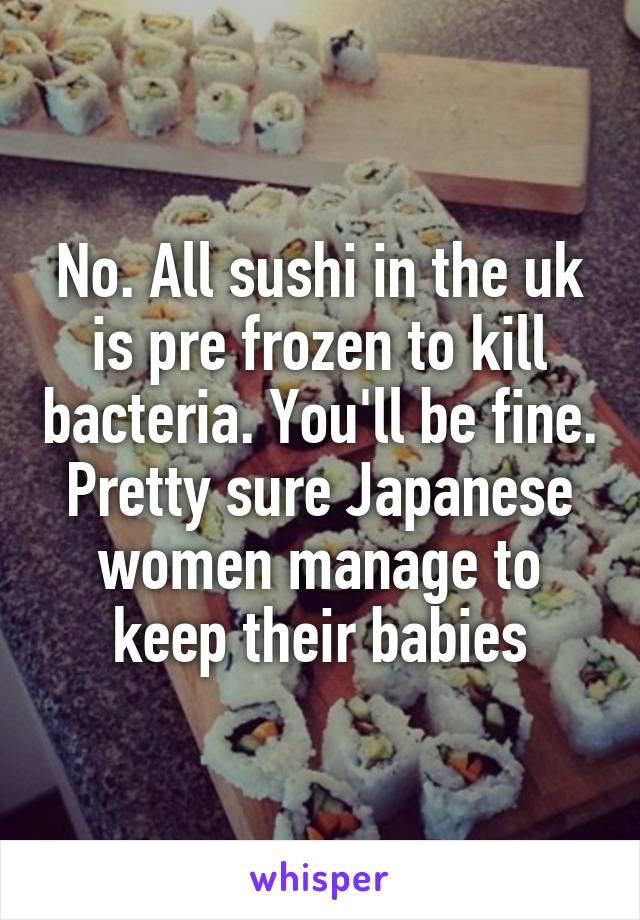 No. All sushi in the uk is pre frozen to kill bacteria. You'll be fine. Pretty sure Japanese women manage to keep their babies