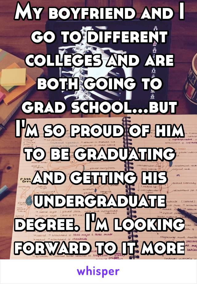 My boyfriend and I go to different colleges and are both going to grad school...but I'm so proud of him to be graduating and getting his undergraduate degree. I'm looking forward to it more than him.