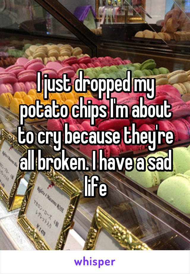 I just dropped my potato chips I'm about to cry because they're all broken. I have a sad life