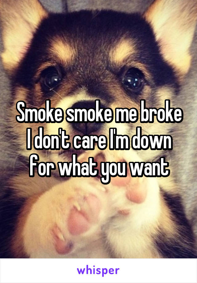 Smoke smoke me broke I don't care I'm down for what you want