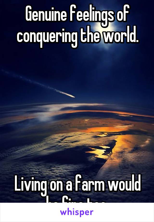 Genuine feelings of conquering the world.






Living on a farm would be fine too.