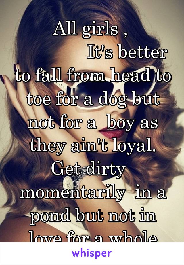 
All girls , 
              It's better to fall from head to toe for a dog but not for a  boy as they ain't loyal. Get dirty   momentarily  in a pond but not in love for a whole lifetime. 