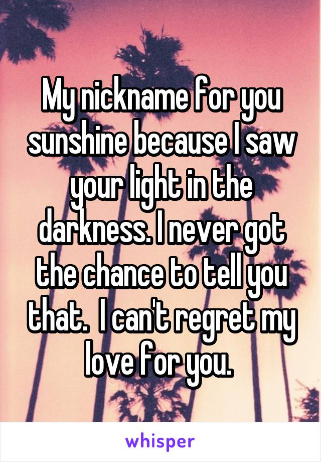 My nickname for you sunshine because I saw your light in the darkness. I never got the chance to tell you that.  I can't regret my love for you. 