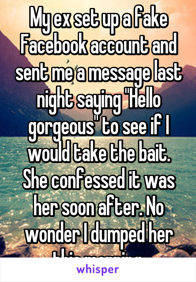 My ex set up a fake Facebook account and sent me a message last night saying "Hello gorgeous" to see if I would take the bait. She confessed it was her soon after. No wonder I dumped her this morning.