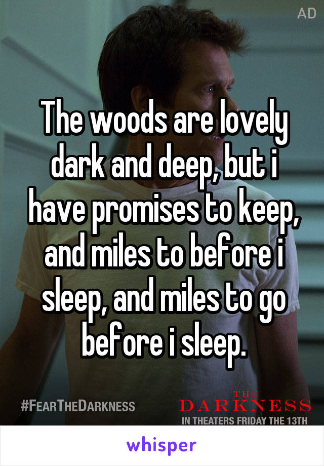 The woods are lovely dark and deep, but i have promises to keep, and miles to before i sleep, and miles to go before i sleep.