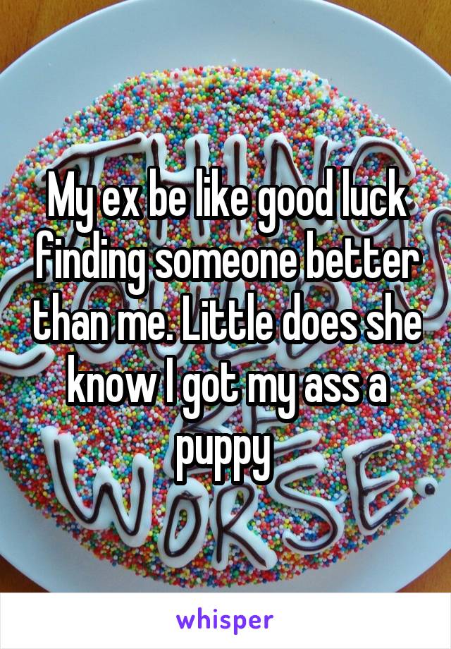 My ex be like good luck finding someone better than me. Little does she know I got my ass a puppy 