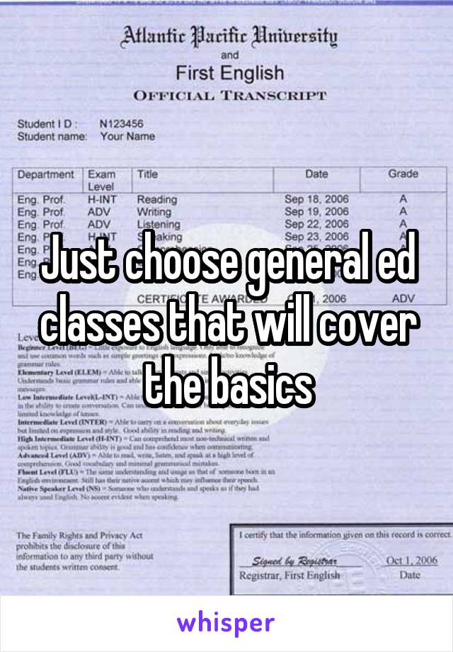 Just choose general ed classes that will cover the basics